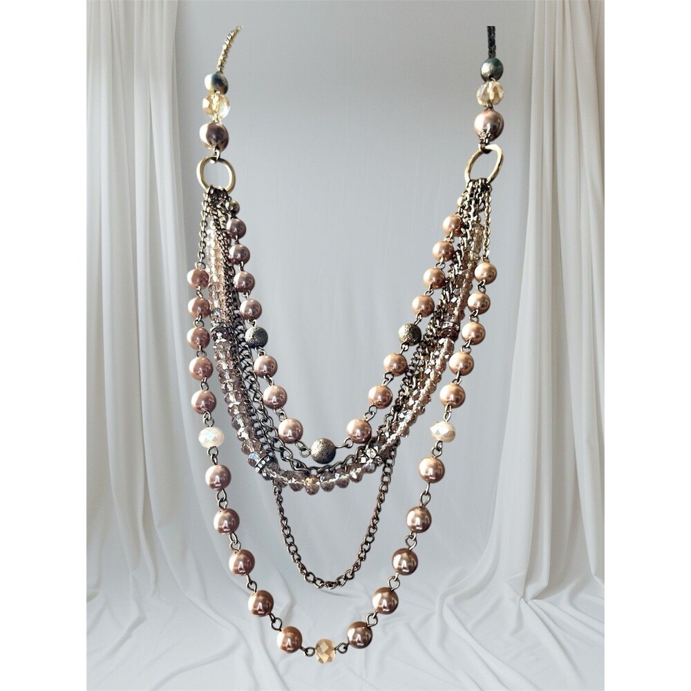 Layered Necklace Mocha Faceted Beads And Chains   Five Strands 32" Extension
